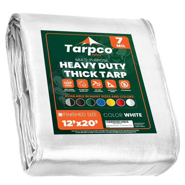 Tarpco Safety 20 ft L x 0.5 mm H x 12 ft W Heavy Duty 7 Mil Tarp, White, Polyethylene TS-204-12X20